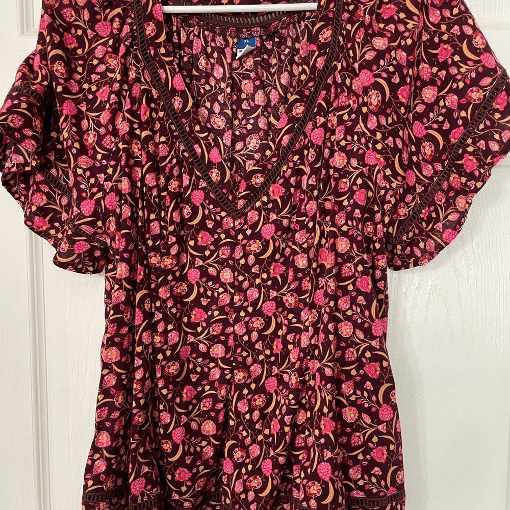 Old Navy Floral V-Neck Blouse - Pink and Black